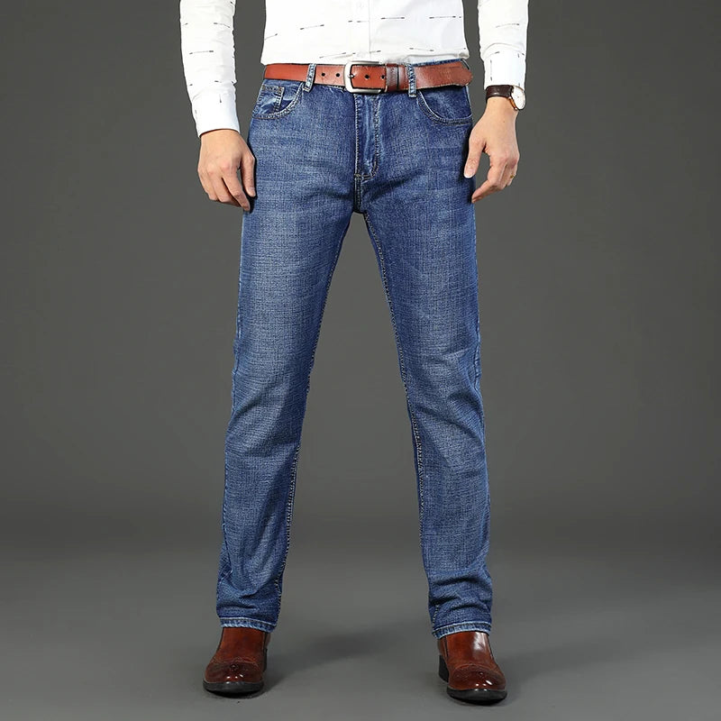 2026 New Spring Autumn Men Classic Jeans Business Fashion Straight Regular Blue Stretch Denim Trousers Men's Smart Jeans