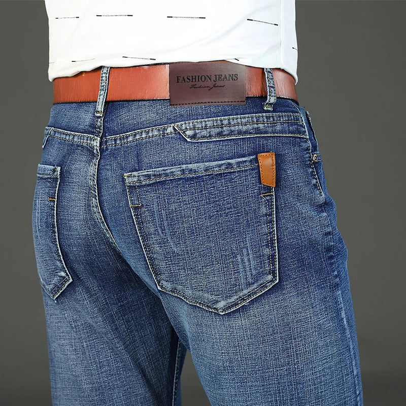 2026 New Spring Autumn Men Classic Jeans Business Fashion Straight Regular Blue Stretch Denim Trousers Men's Smart Jeans