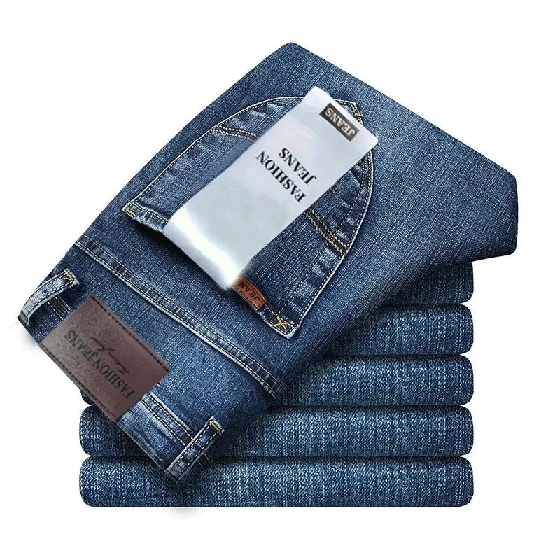 2026 New Spring Autumn Men Classic Jeans Business Fashion Straight Regular Blue Stretch Denim Trousers Men's Smart Jeans